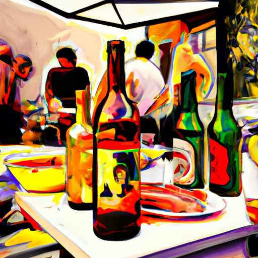 una mesa de bar en la que hay kombucha y cerveza, con gente a la que se ve difunidada en el fondo, el primer plano con las botellas de kombucha muy nitido, el fondo es un patio donde están haciendo una barbacoa veraniega