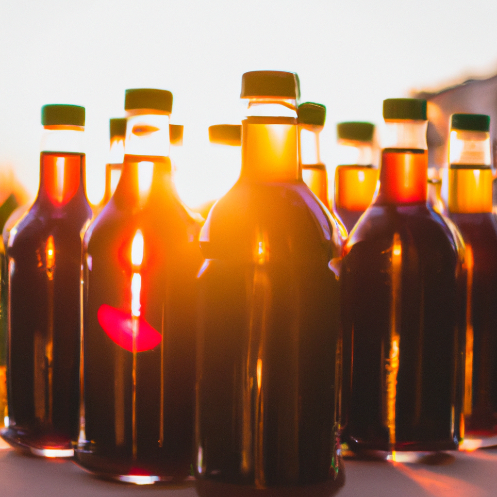 Kombucha de todo tipo, muchas botellas en un atardecer, imagen realista